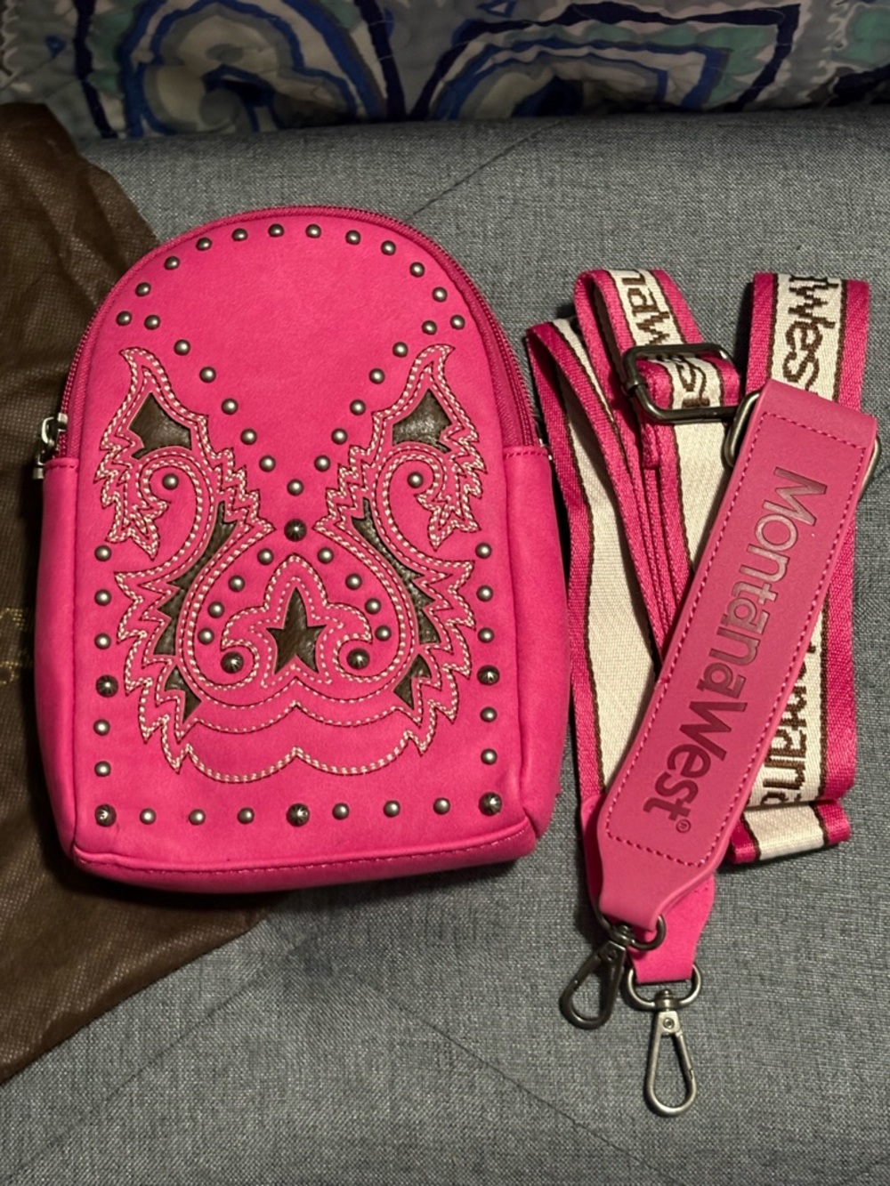 Montana West Hot Pink Studded Tooled Crossbody with Branded Strap NWT